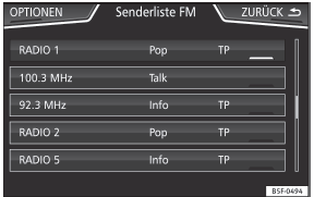 Seat Toledo. Abb. 189 Radio-Betrieb: Senderliste (FM).